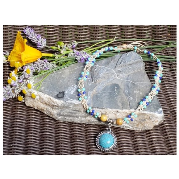 Hemp Necklace w/Turquoise Pendant and Blue Beads - Picture 2 of 8